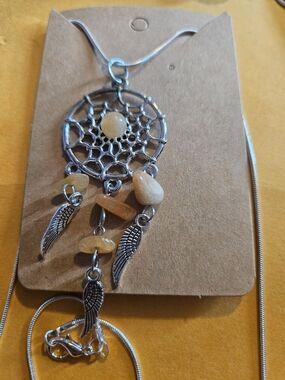 Silver Dreamcatcher Pendant Necklace with Yellow Gem Accents